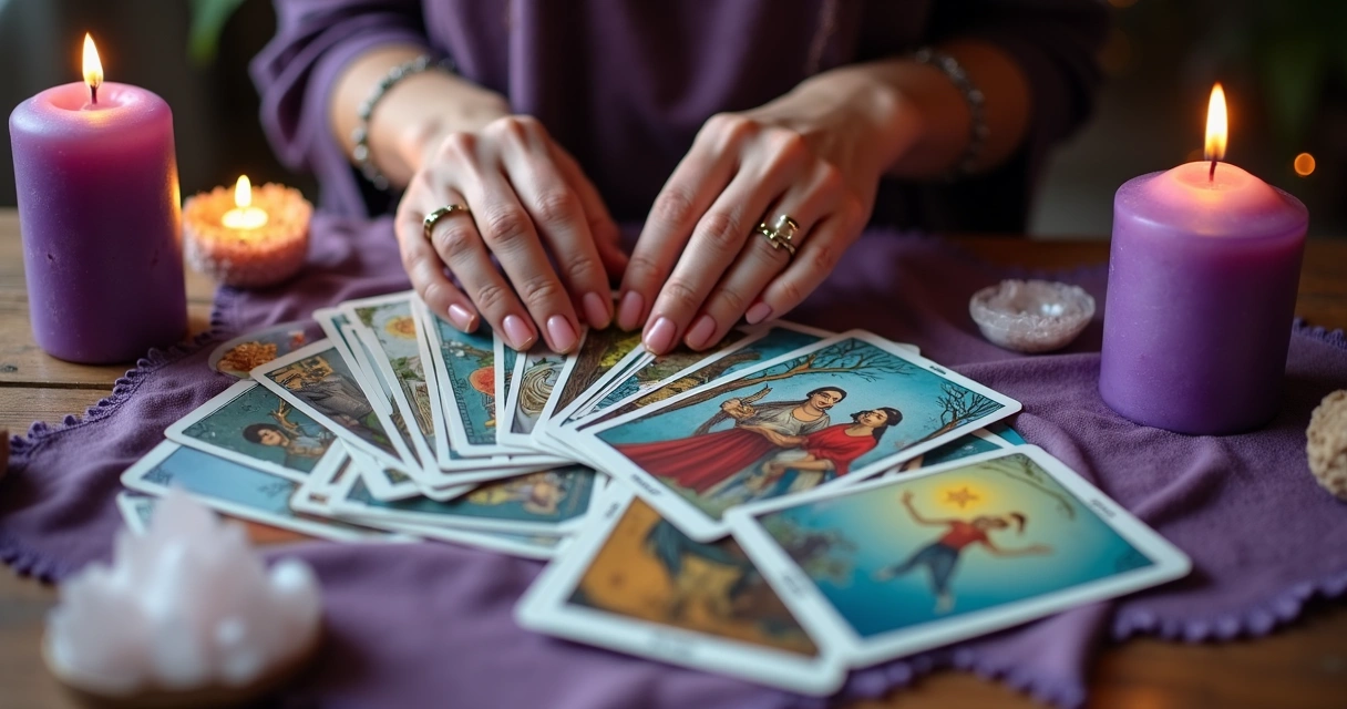 Baralho de tarot aberto mostrando cartas coloridas detalhadas 