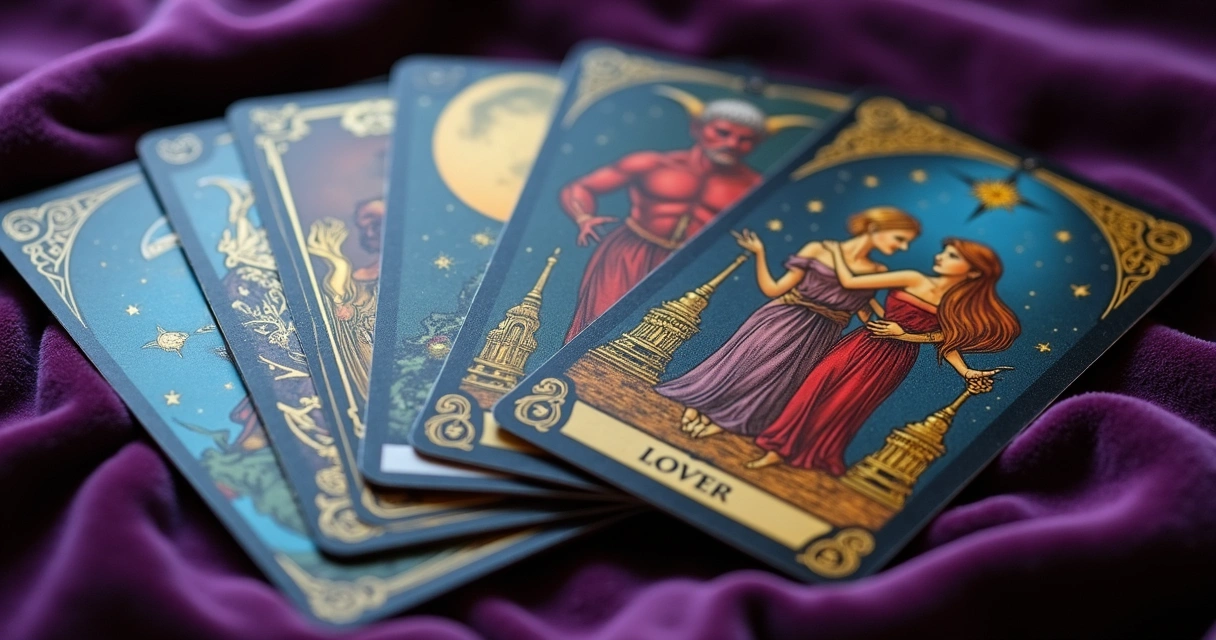 Cartas do tarot para traição, incluindo O Diabo, A Lua e Os Enamorados 