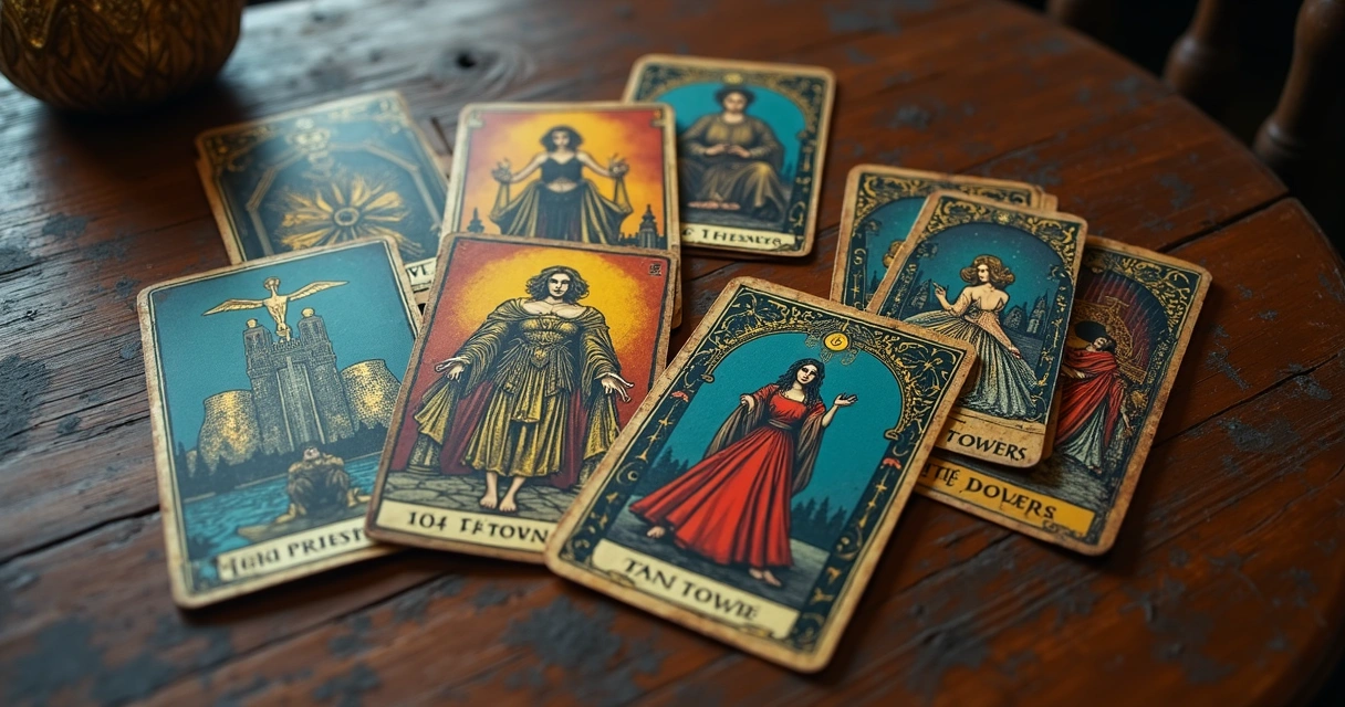 Cartas de tarot sobre uma mesa de madeira com destaque para O Diabo, A Lua, Os Amantes e Sete de Espadas 