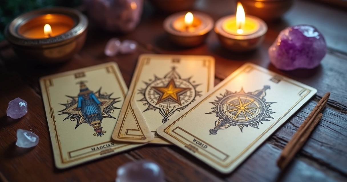 Três cartas de tarot sobre uma mesa, incluindo O Mago, A Estrela e O Mundo, com cristais ao redor 