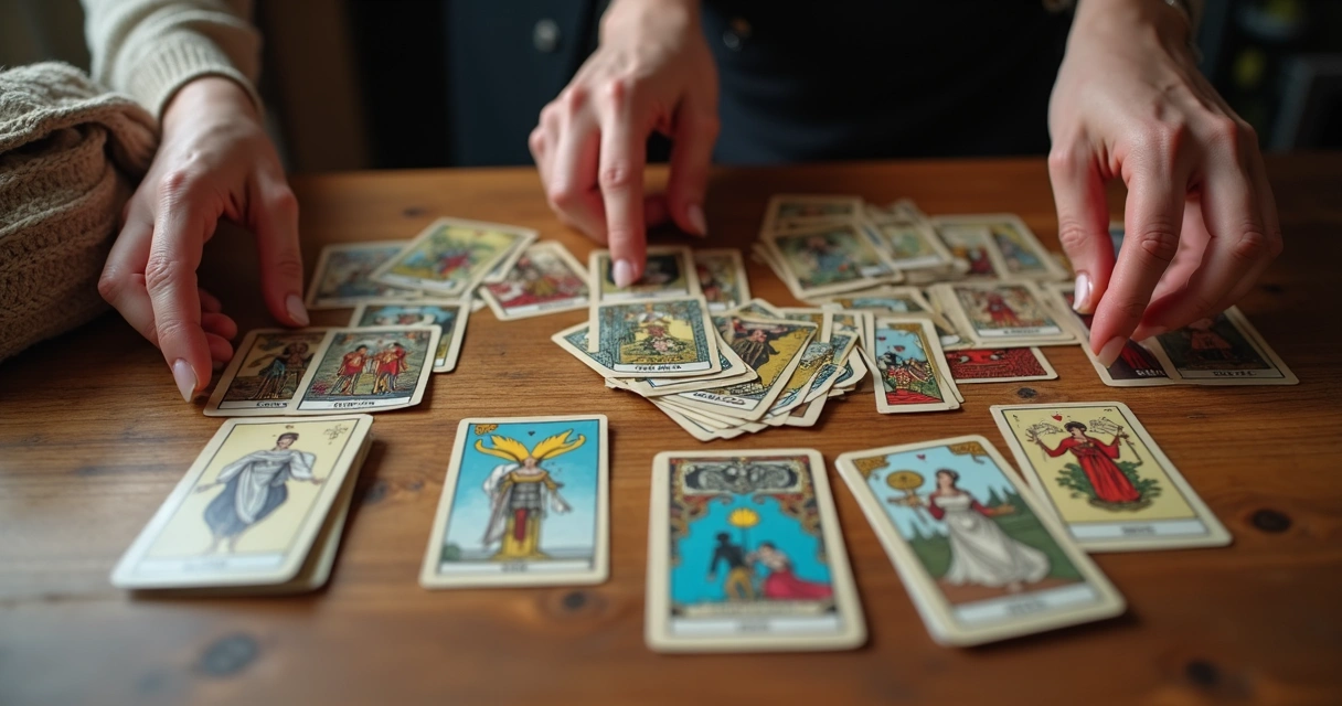 Cartas de tarot espalhadas em diferentes tipos de tiragem 