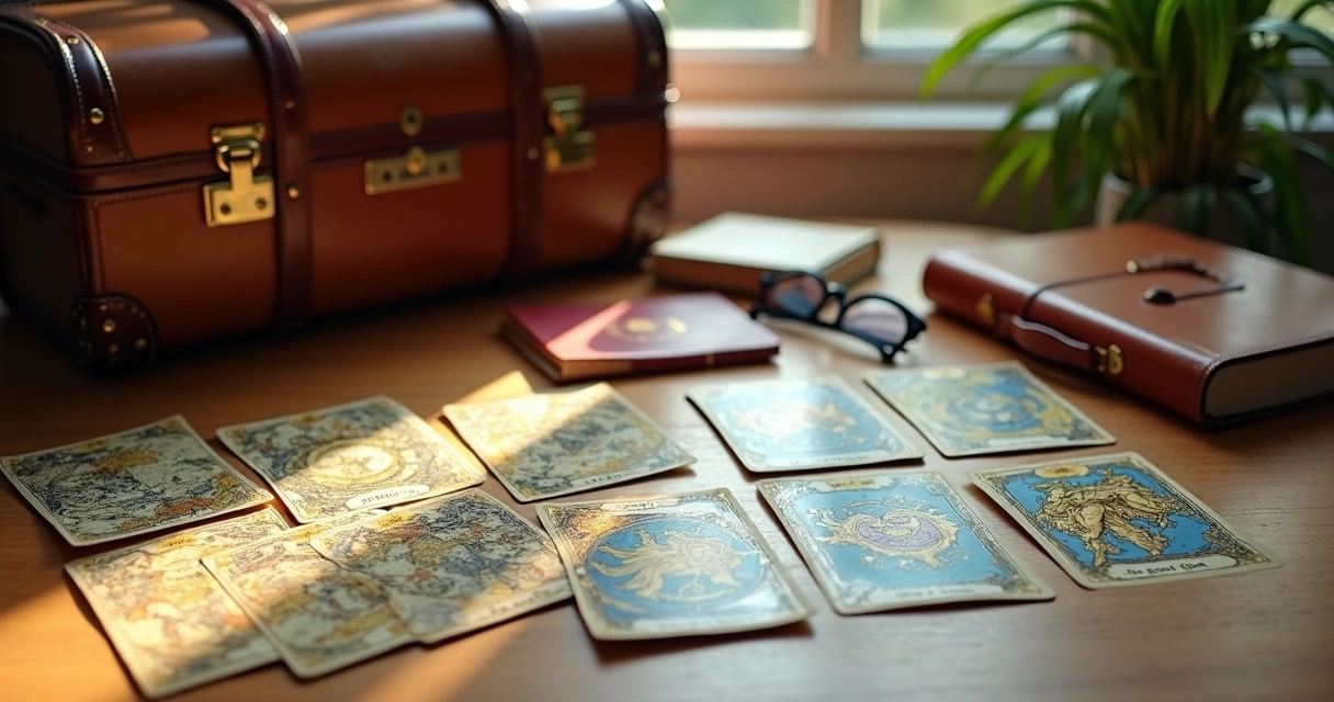 Cartas de tarot, malas de viagem e mapa sobre uma mesa 