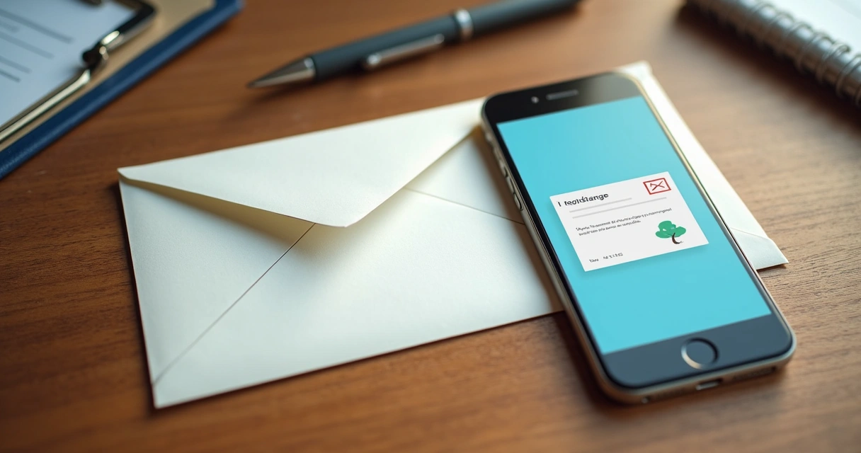 Envelope oficial, telegrama tradicional e smartphone mostrando e-mail registrado lado a lado 