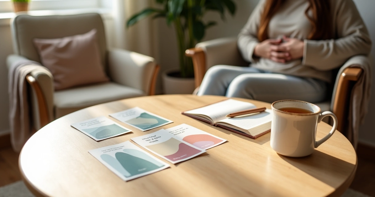 Cartas terapêuticas de autoestima e trauma dispostas em mesa ao lado de uma pessoa em reflexão 