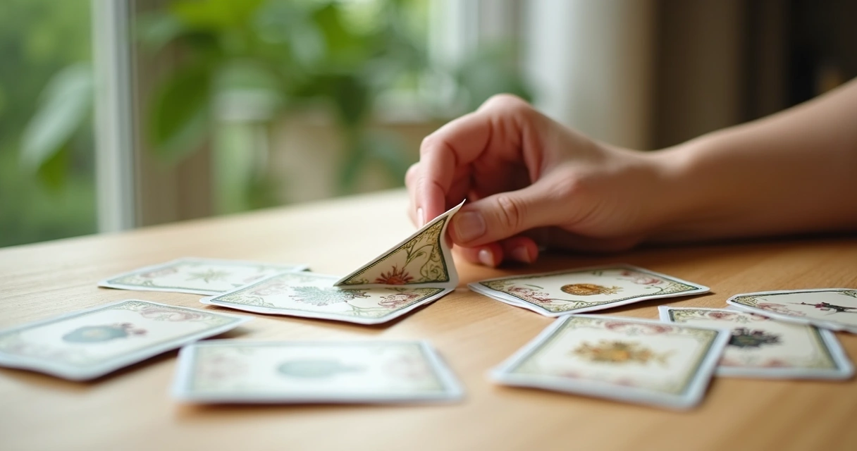 Cartas terapêuticas dispostas sobre uma mesa de madeira clara, com uma mão segurando uma carta aberta mostrando símbolos e imagens delicadas, ambiente acolhedor com luz natural suave e plantas ao fund