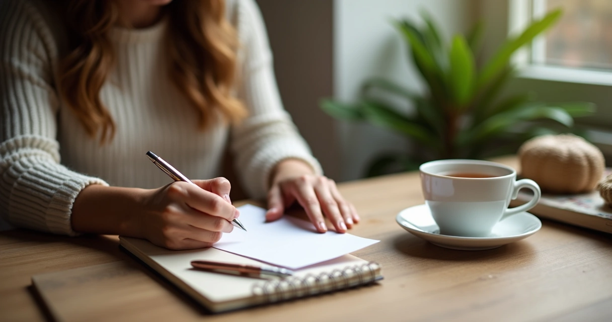 Pessoa segurando carta terapêutica, caderno ao lado, caneta e ambiente aconchegante 