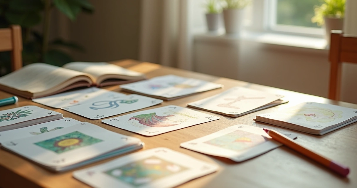 Cartas terapêuticas dispostas em mesa de madeira clara 