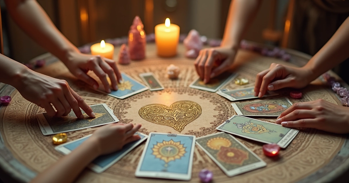Baralho de tarot disposto em círculo, com três mãos femininas puxando cartas no centro da mesa 