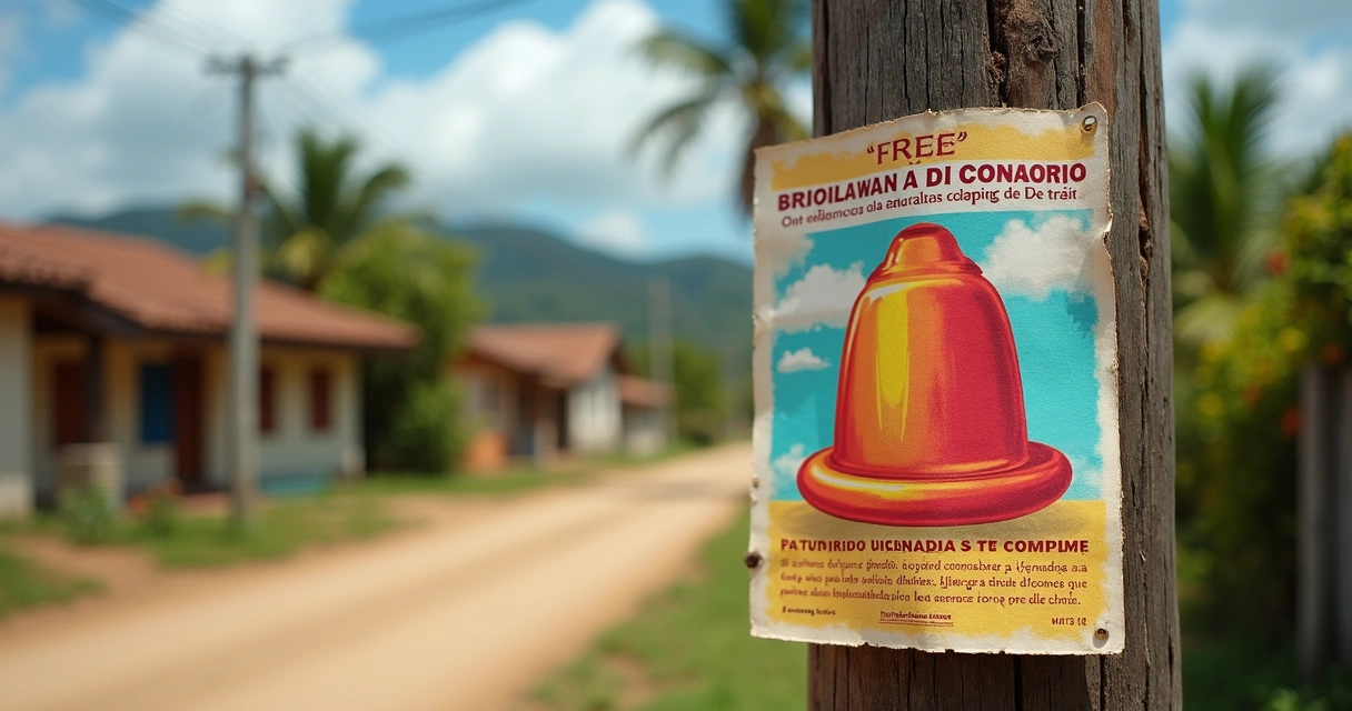 Cartaz de campanha de preservativo fixado em poste rural
