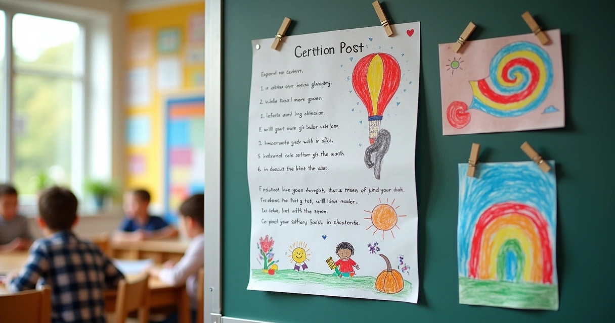 Cartaz escolar feito por aluno com desenhos e texto curto 