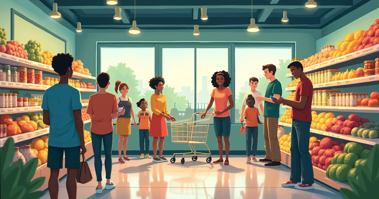 Cartaz colorido mostrando pessoas conscientes escolhendo produtos ambientalmente amigáveis na prateleira 