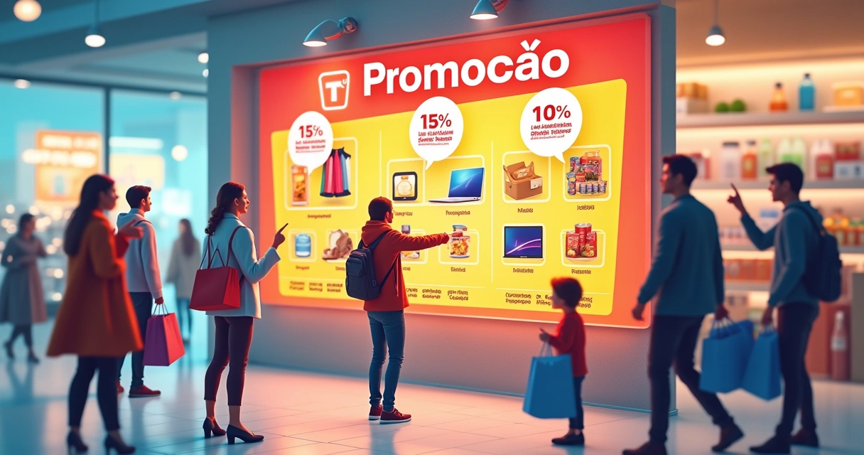 Cartaz de oferta vibrante em um ambiente de loja, destacando produtos com descontos chamativos.
