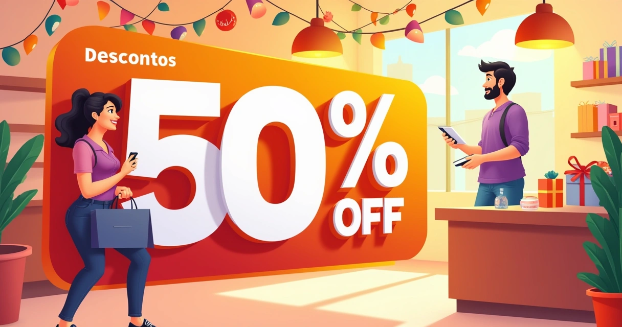 Cartaz de promoção vibrante com descontos, rodeado por elementos de loja e ambiente festivo.