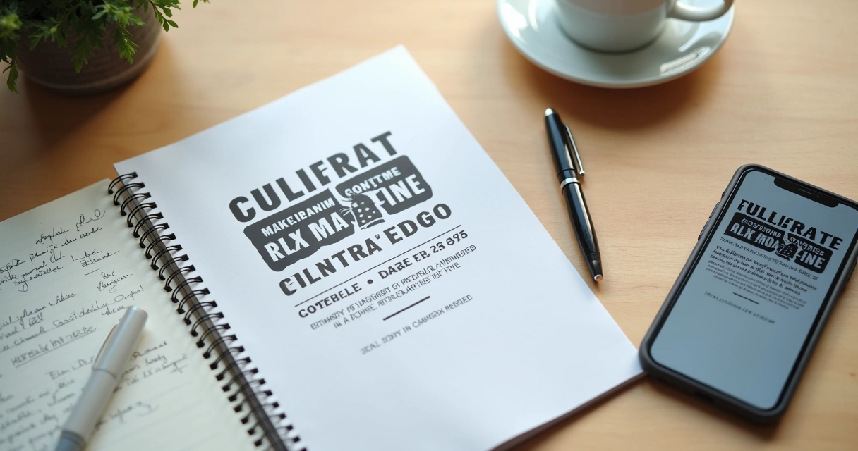 Cartaz de evento cultural em mesa com telemóvel e caderno 