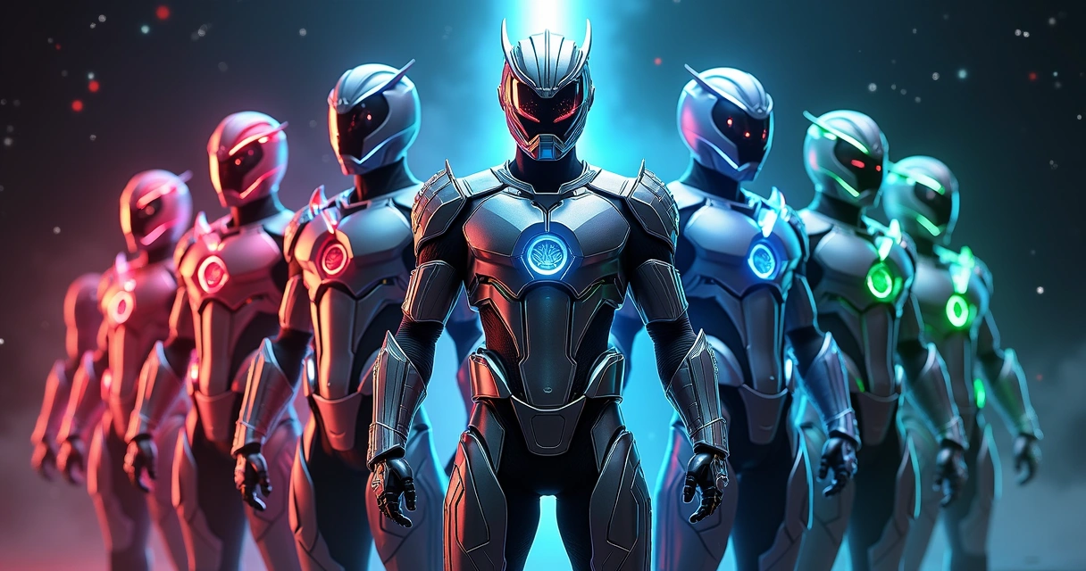 Pôster heroico de Gavan Infinity com várias versões da armadura em diferentes cores 