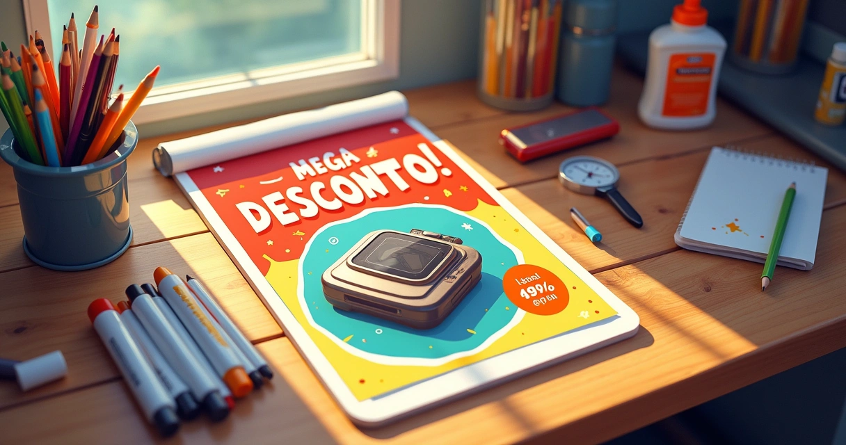 Cartaz promocional colorido em uma mesa de madeira, com luz natural enfatizando o design atrativo.