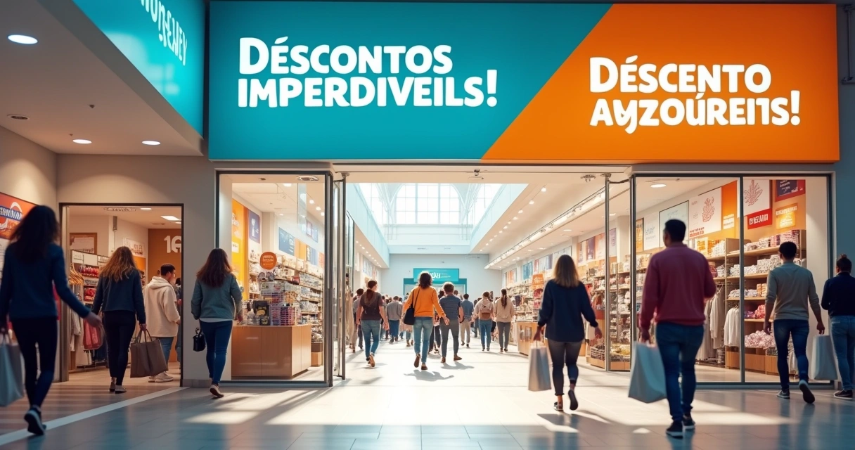 Cartaz colorido na entrada de loja movimentada com produtos em promoção e clientes interessados.