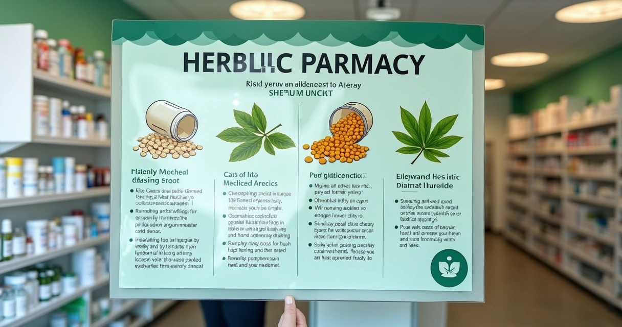 Cartaz educativo sobre segurança no uso de fitoterápicos, mostrando ilustrações de cápsulas e plantas.