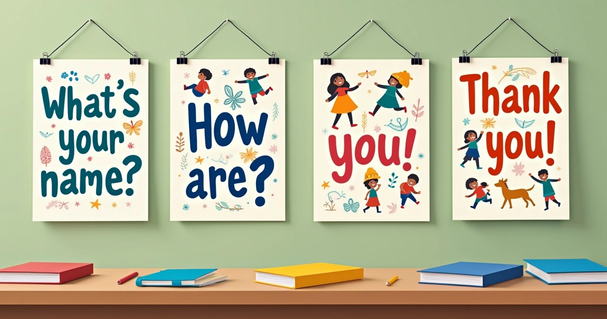 Cartazes coloridos com frases básicas em inglês na sala de aula 