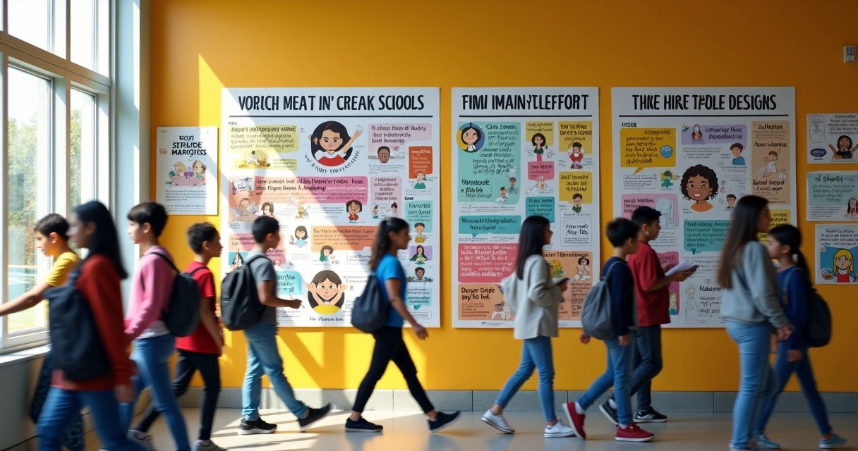Cartazes educativos de prevenção ao HIV e combate ao preconceito em parede escolar