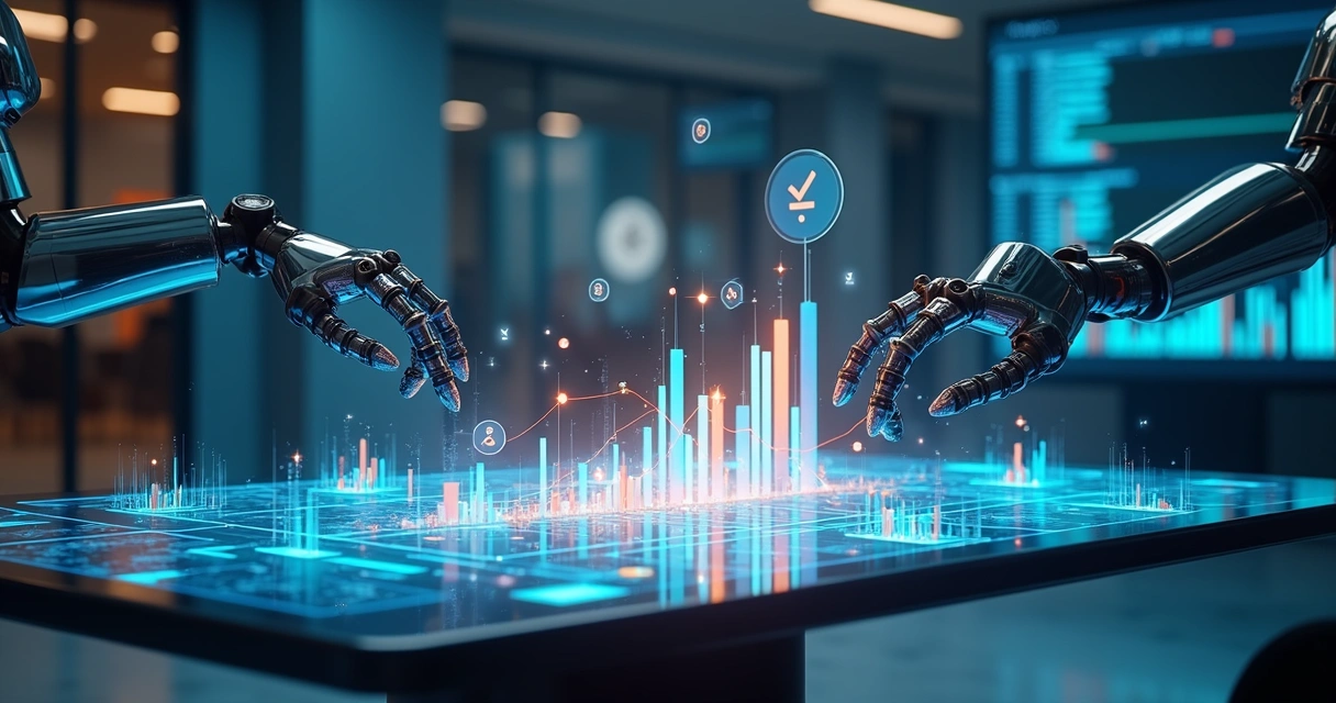 Diversos ativos financeiros sendo distribuídos por braços robóticos em um painel digital 