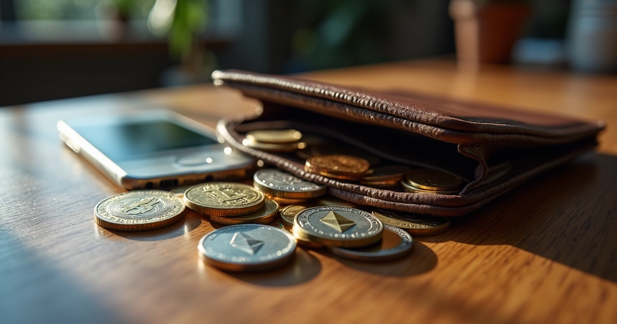 Carteira aberta com moedas físicas e digitais misturadas 