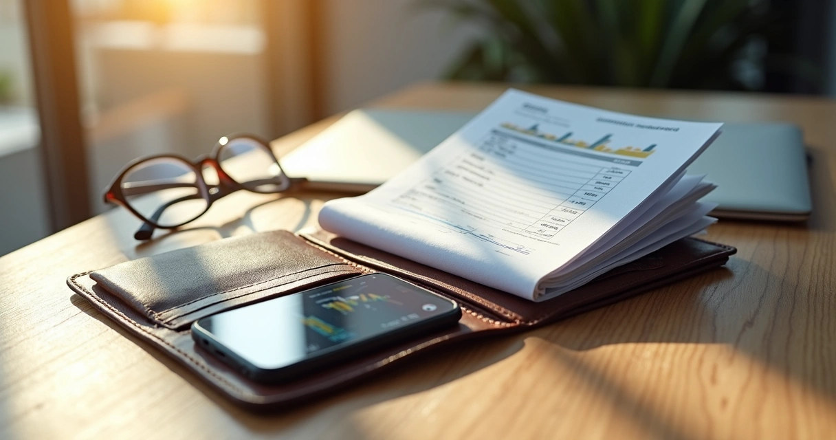 Carteira aberta com apólices de seguros essenciais sobre uma mesa de madeira clara, ao lado de óculos e smartphone 
