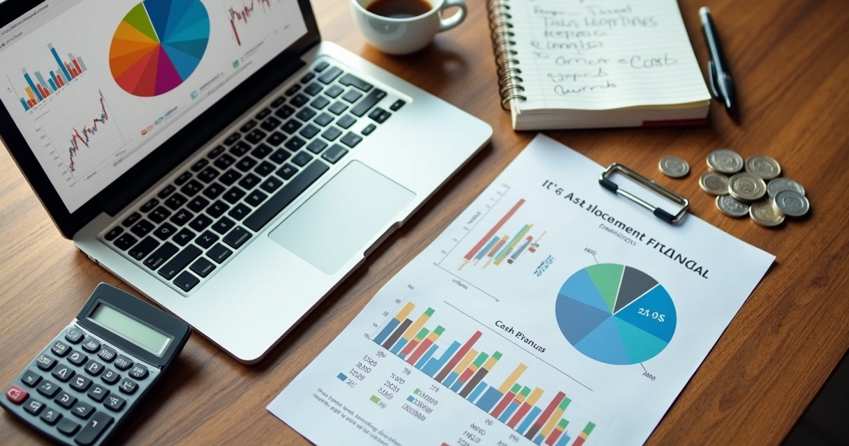 Mesa com documentos e gráficos financeiros organizados, mostrando uma carteira de investimentos diversificada 