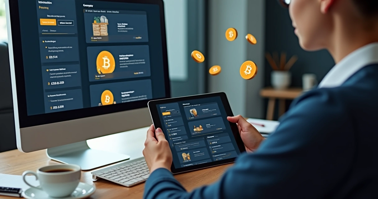 Pessoa analisando opções de carteiras digitais em tablet e computador 