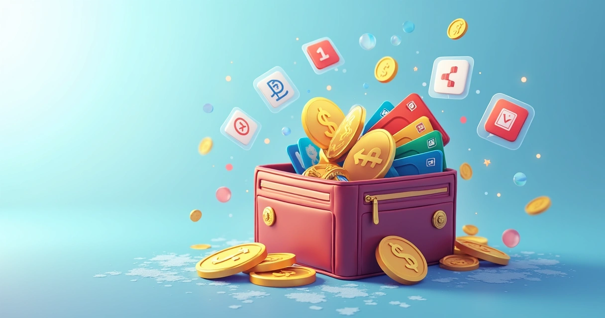 Ilustração de carteira digital aberta com cartões e moedas flutuantes e fundo azul claro. 