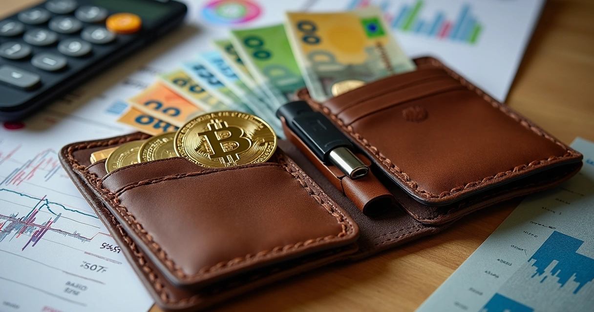 Carteira aberta com notas, moedas, cartão e um pendrive simbólico de criptomoeda 