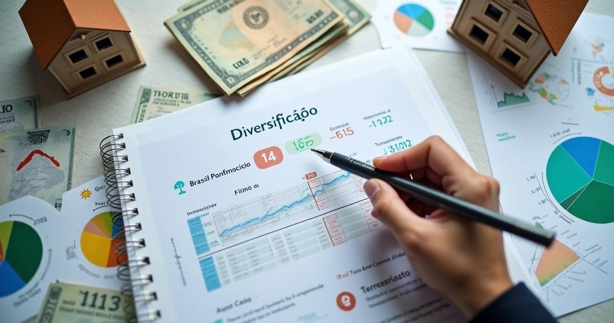 Representação de uma carteira diversificada com gráficos, títulos e ações