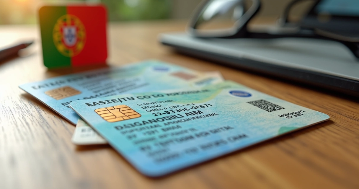 Carteira de habilitação brasileira sobre mesa com fundo de documentos portugueses 
