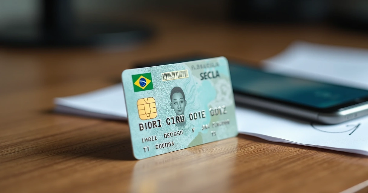 Carteira de Identidade Nacional sobre mesa com smartphone e documentos 