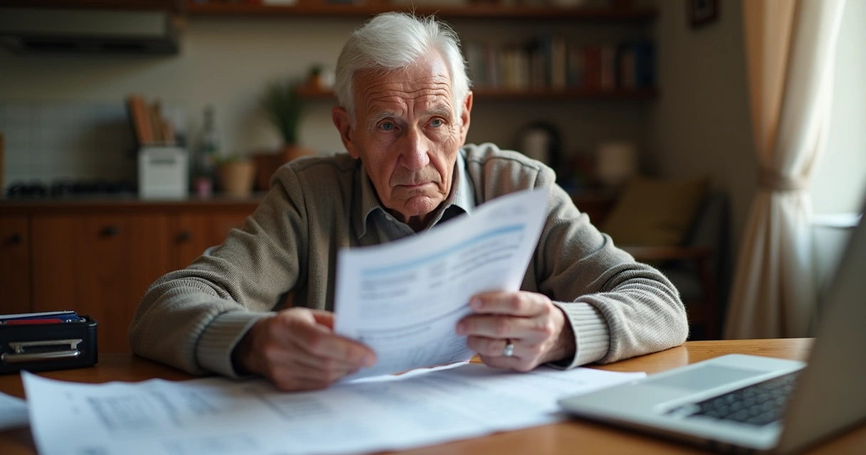 Pessoa idosa analisa extrato bancário com carteira e documentos 