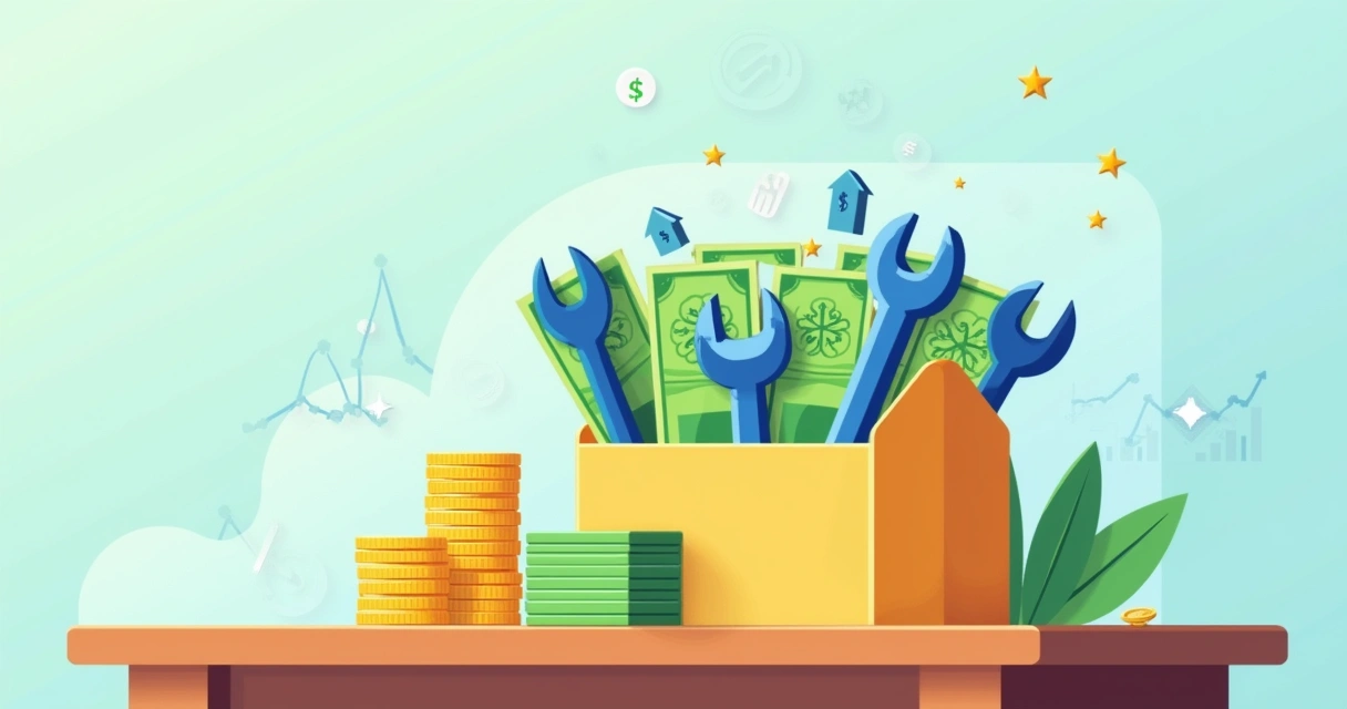 Caixa de ferramentas representando uma carteira de investimentos, com ações, títulos, imóveis e dinheiro.