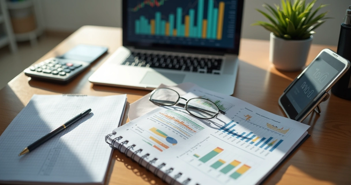 Pessoa analisando carteira de investimentos em notebook e caderno 