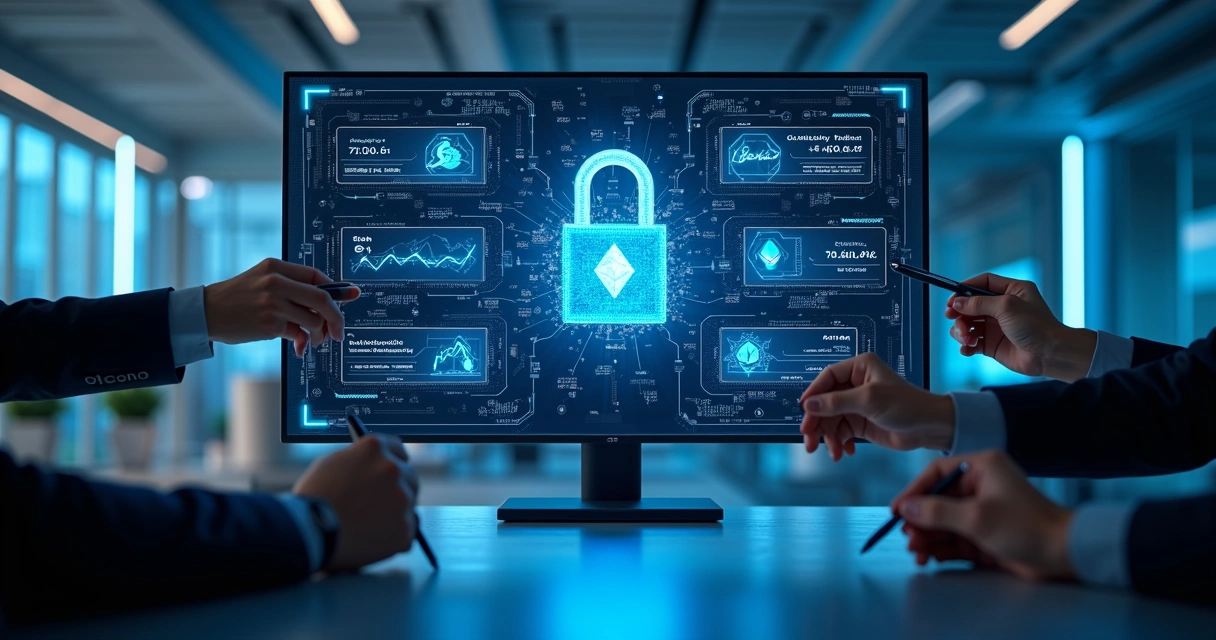 Interface digital de carteira multiassinado com várias assinaturas em uma tela futurista, cercada por elementos tecnológicos, gráficos e criptomoedas 