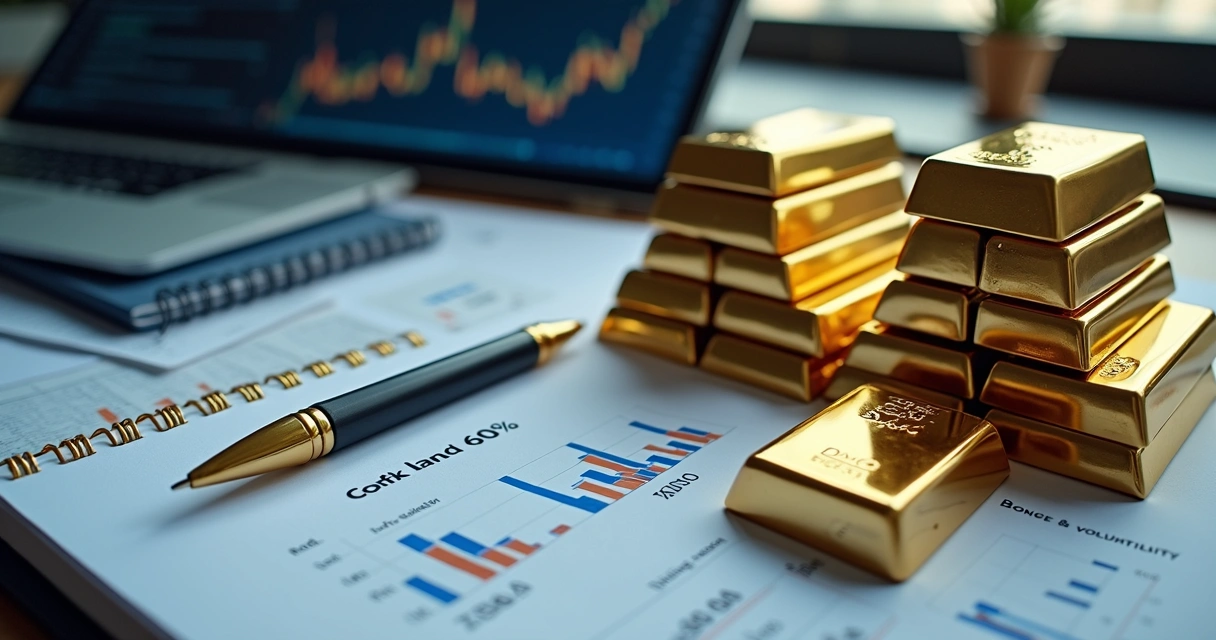 Carteira 60/40 com ouro representada por barras douradas e papéis 