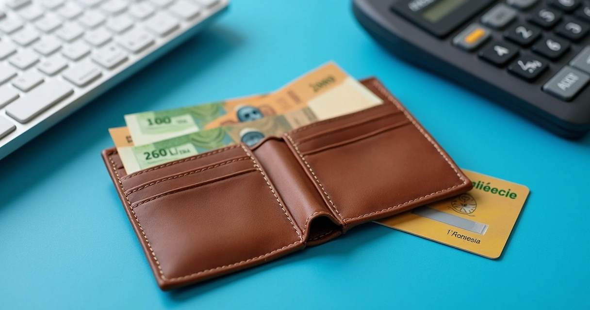 Carteira aberta com dinheiro, cartão de previdência e calculadora sobre fundo azul