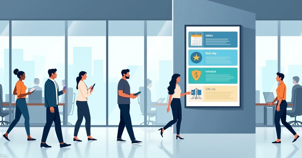 Cartel digital de información laboral obligatoria en oficina paraguaya moderna 