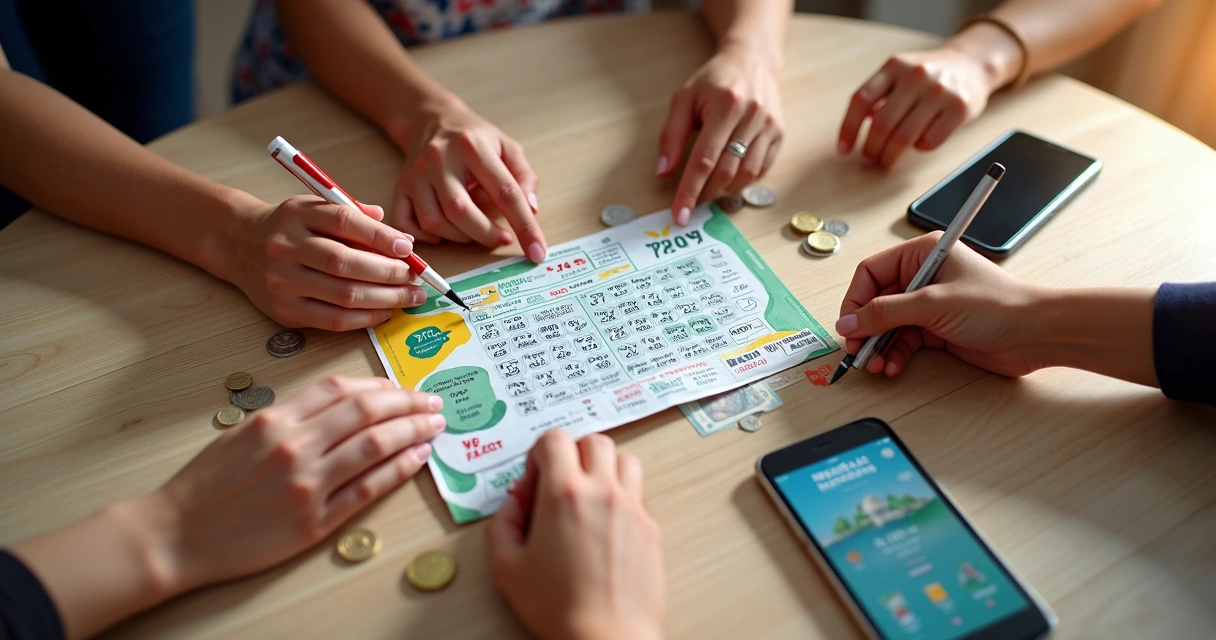 Cartela de loteria destacando aposta em grupo e várias combinações 