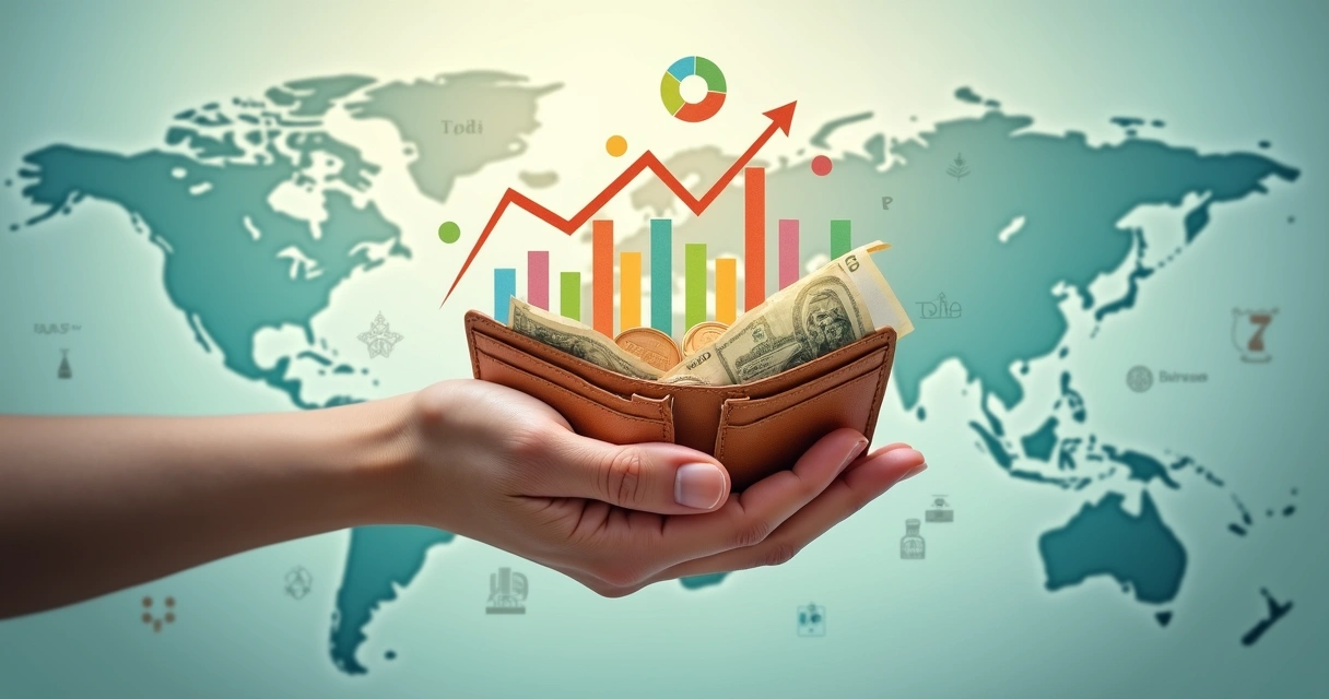 Mano mostrando una cartera con gráficas y monedas