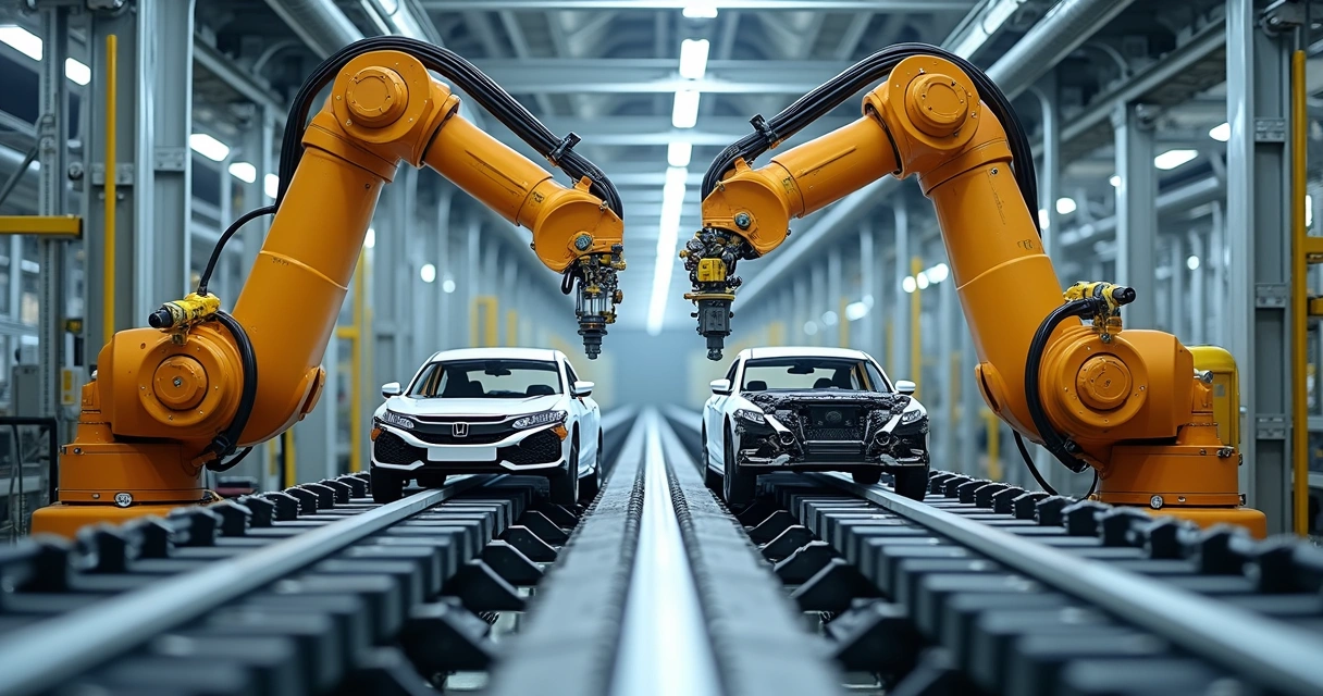 Sistemas cartesianos posicionando carrocerias em esteira industrial com sensores e painéis de comando