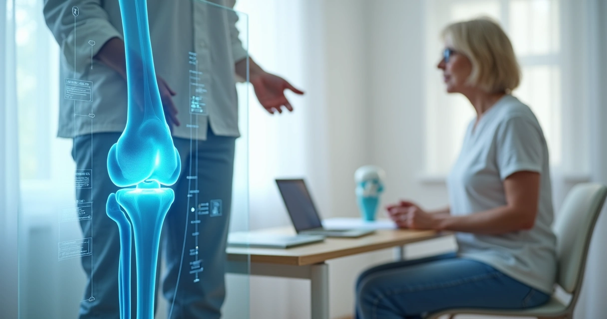 Mulher madura analisando holograma 3D da cartilagem do joelho em consultório moderno 