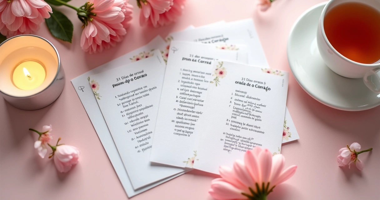 Conjunto de cartões de oração em uma mesa com flores 