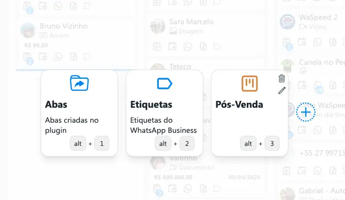 Três cartões explicativos sobre abas, etiquetas e pós-venda no WaSpeed
