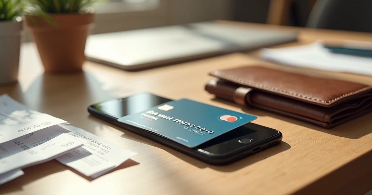 Dois cartões de benefício flexível sobre uma mesa com uma carteira, um smartphone e recibos ao redor 