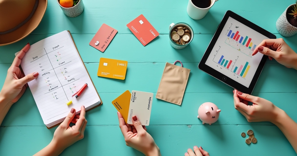 Cartões com benefícios organizados em mesa colorida com ícones de viagens, compras e cashback 