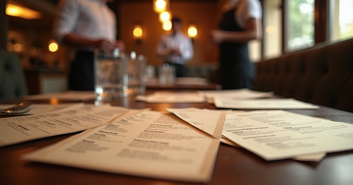 Cardápios de papel organizados em mesa de restaurante 